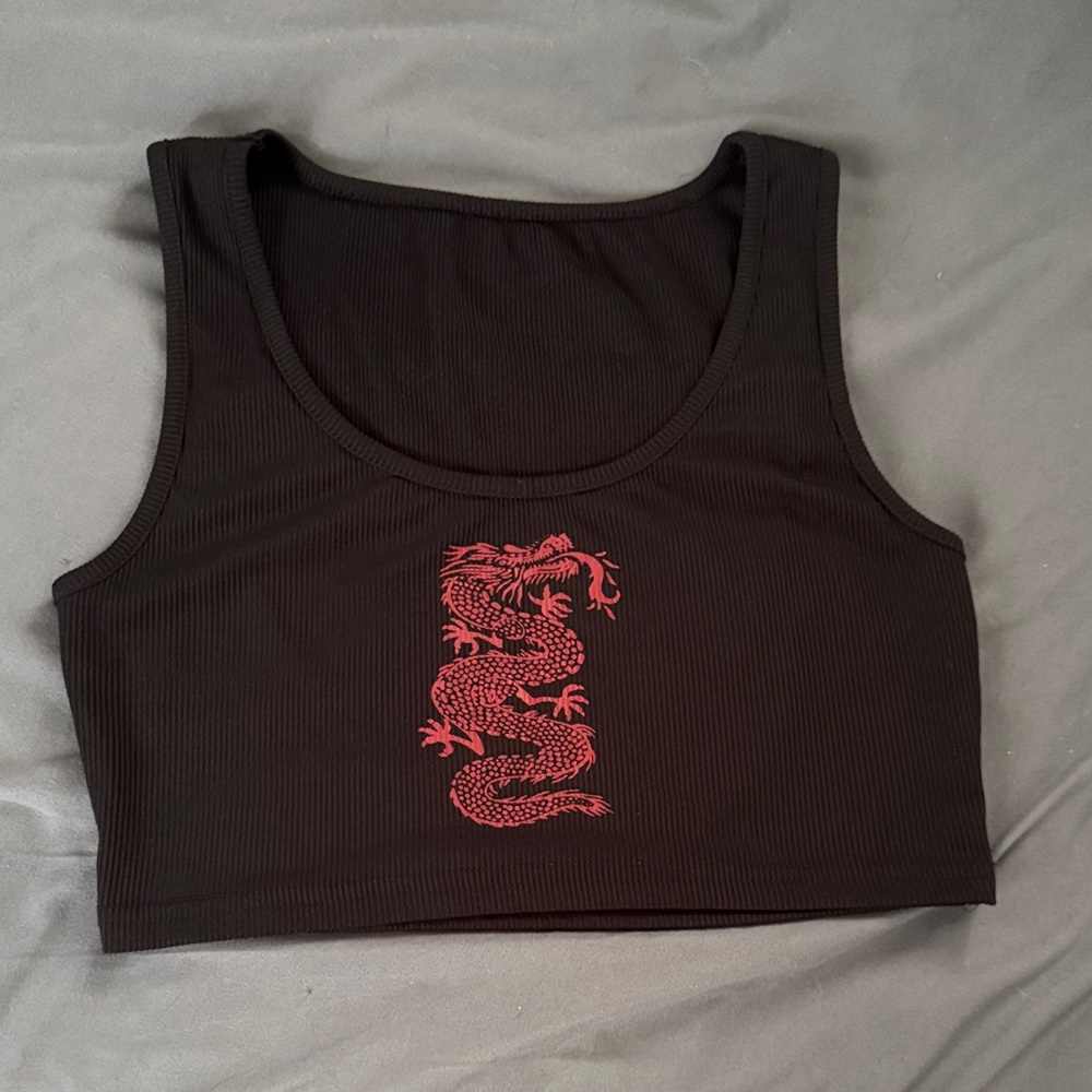 Black Crop Top with Red Dragon Design